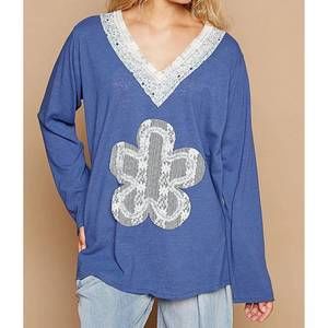 NEW POL lace flower patch long sleeve t-shirt in royal blue